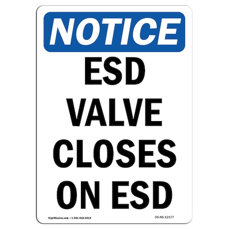 OSHA Notice Sign, ESD Valve Closes On ESD, 10in X 7in Aluminum